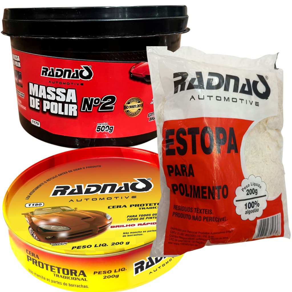 Kit Massa De Polir Nº2 500g + Cera Protetora + Brilho e Estopa para Polir
