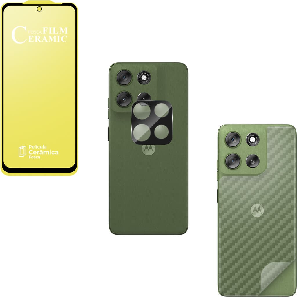Película Cerâmica Fosca + Película Câmera Vidro 3D BK+ Película Traseira Carbono P/ Moto G56 5g