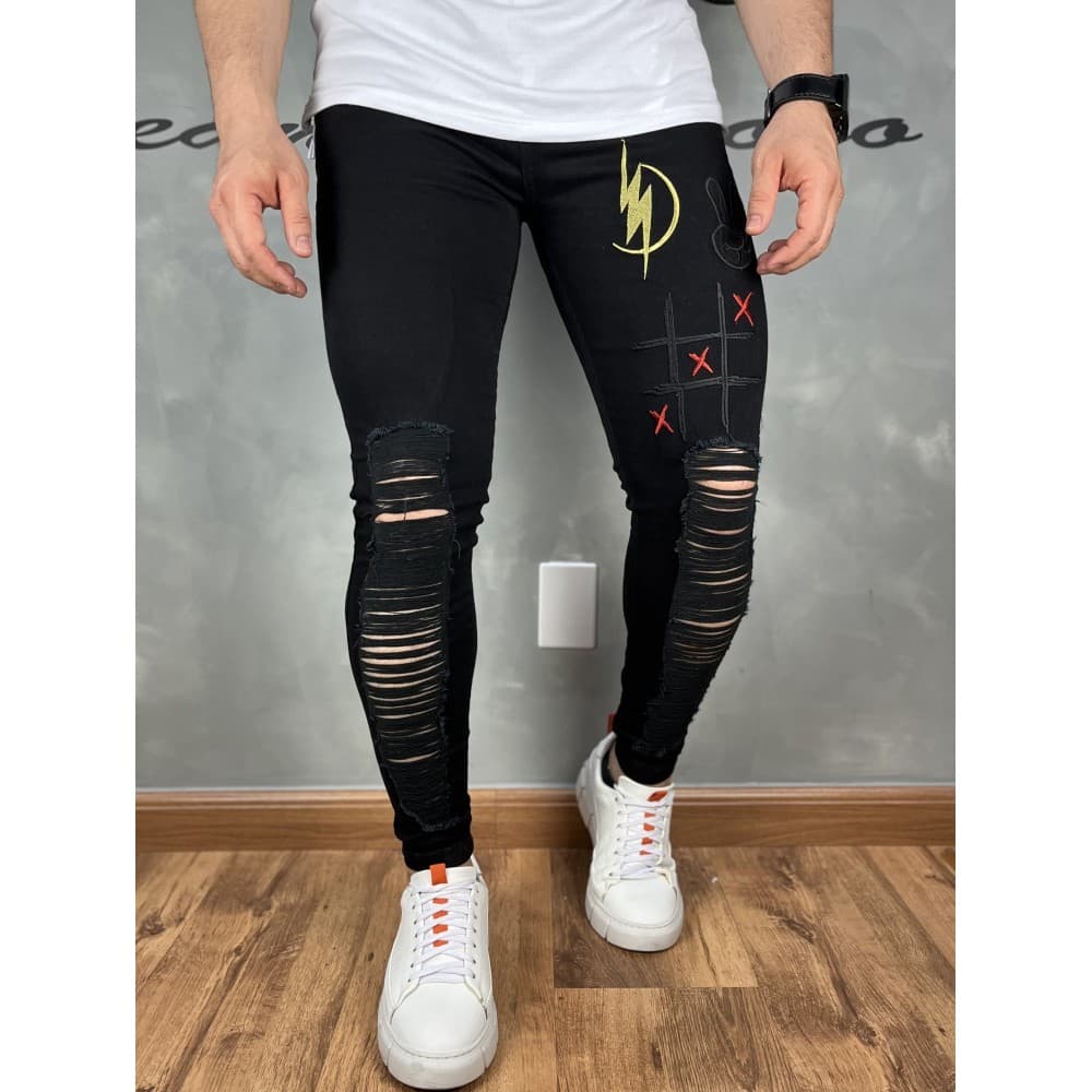 Calça Jeans Masculina Preta Rasgada Premium Com Bordado 4K