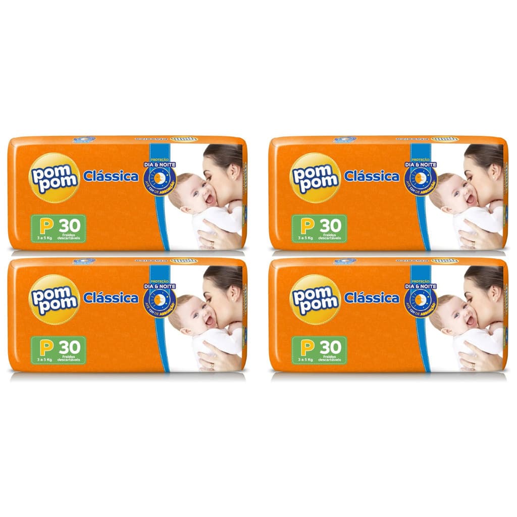 Kit 4 Fralda Pom Pom Clássica Jumbo Tamanho P 120 Tiras Econômico