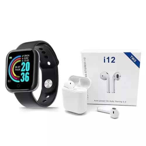 Oferta Kit Relogio Smartwatch D20S 2024 + Fone de ouvido Bluetoorth Sem fio I12 TWS 24h