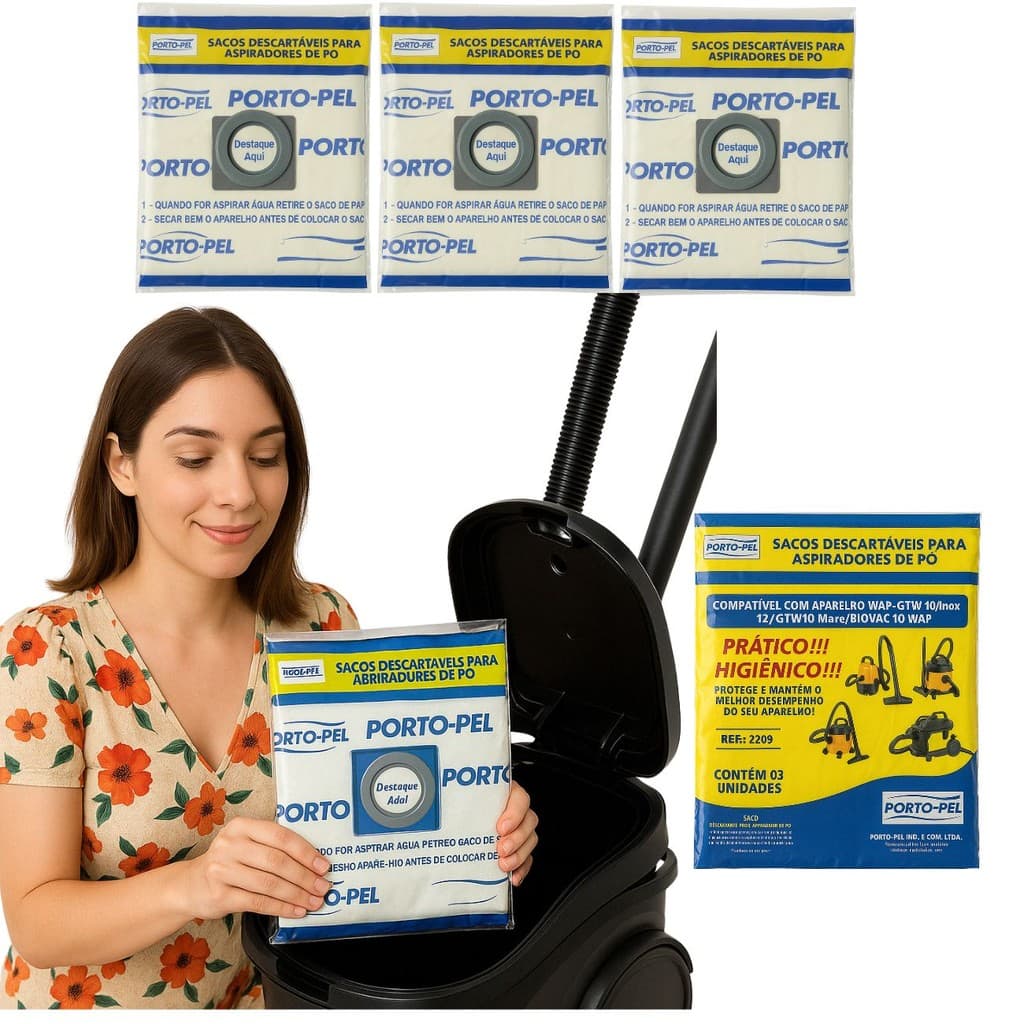 Kit 3 Sacos Aspirador de Pó Descartável Porto-Pel modelos WAP GTW 10 GTW INOX 12 GTW10 MARÉ BIOVAC 10 WAP  Ref 2209