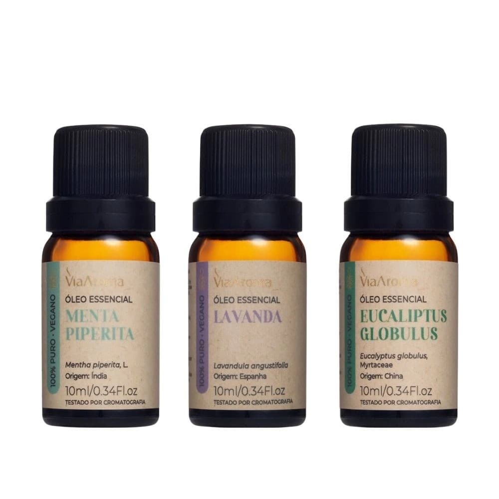 Kit 3 Óleos Essenciais Via Aroma 10ml Eucalipto Lavanda Menta Piperita