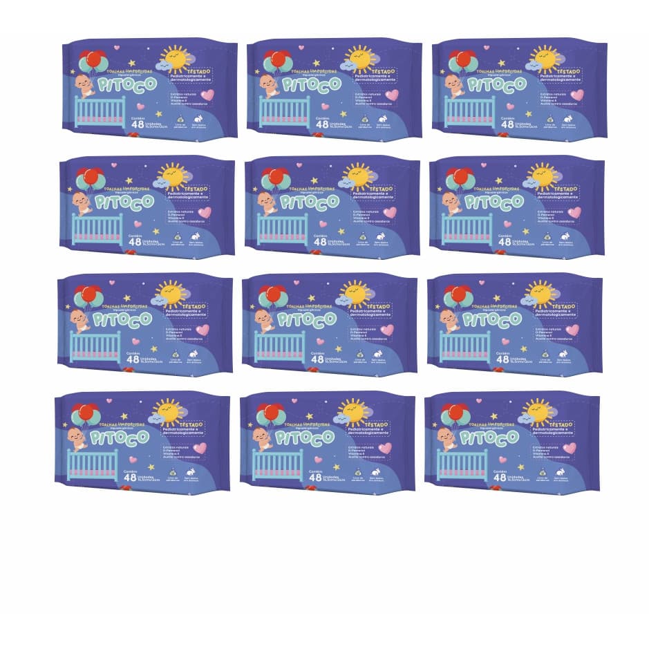 Kit com 12 Pacotes de Toalhas Umedecidas PITOCO 48 folhas 98% Água - Vegano