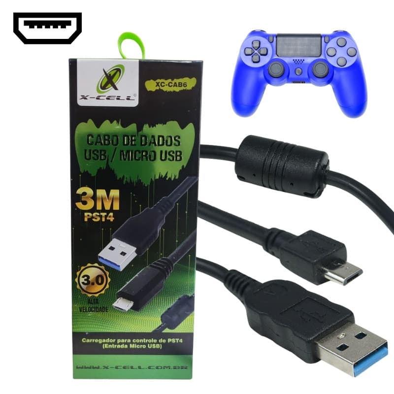 CABO USB COM FILTRO MICRO USB 3.0 3 METROS PS4 XC-CAB6 X-CELL