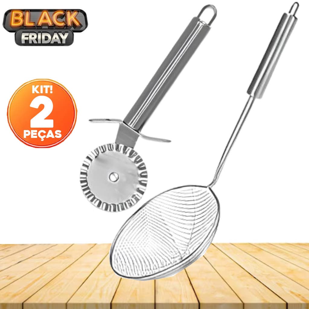 Kit 2 Utensílios Inox Para Pastel - Escumadeira Para Fritura em Inox e Cortador de Pastel Inox Qualidade Premium