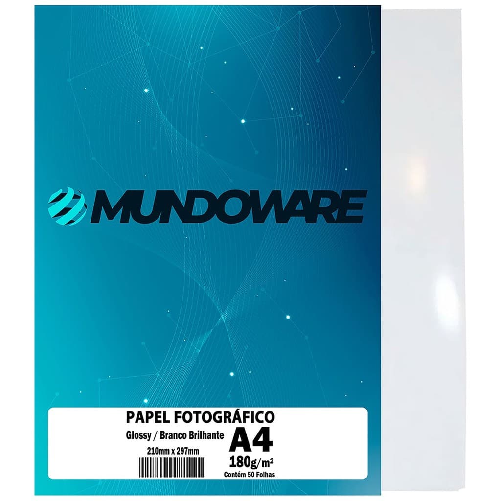 Papel Fotográfico Glossy A4 180g Branco Brilhante com 50 Folhas Mundoware