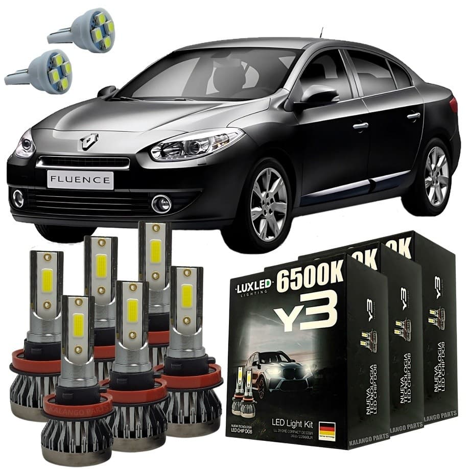 Kit Lâmpadas Super Led Y3 Renault Fluence 2011 Em Diante Farol Alto Baixo Milha + Pingo T10 - Lâmpadas de Led