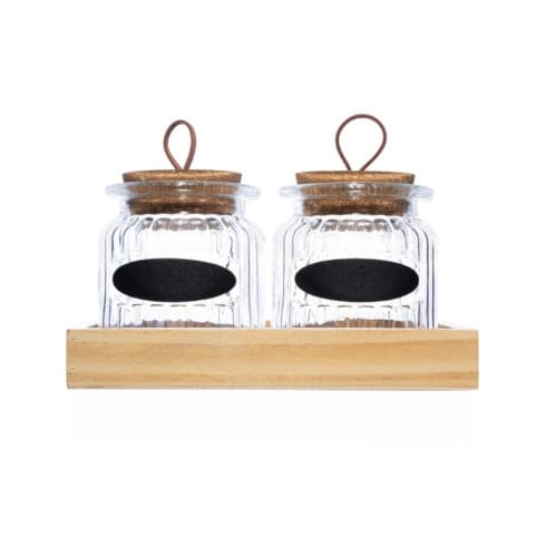 Kit Com 2 Potes De Vidro 260Ml E Suporte Em Madeira