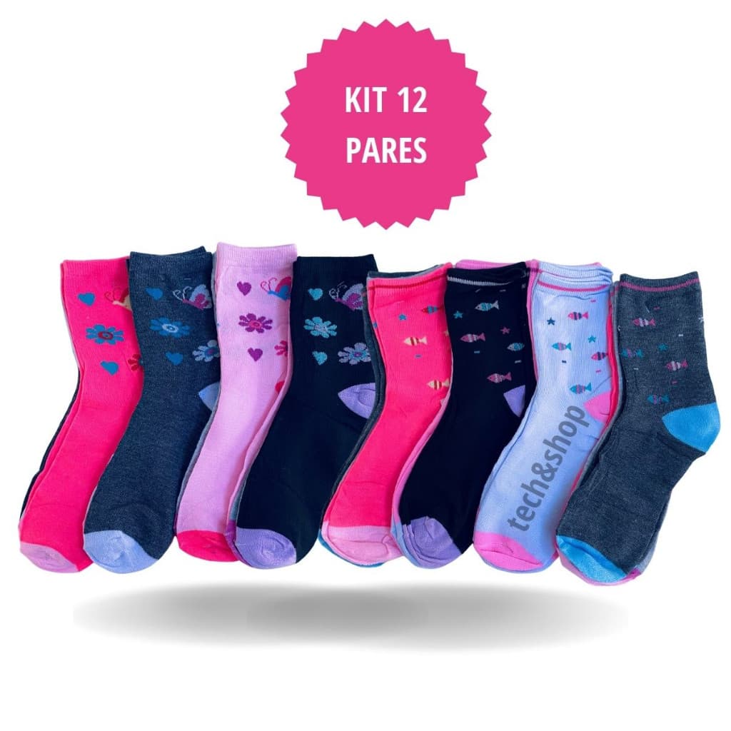 Kit 12/6 Pares Meia Cano Alto Feminino de Desnho Adulto 35-40