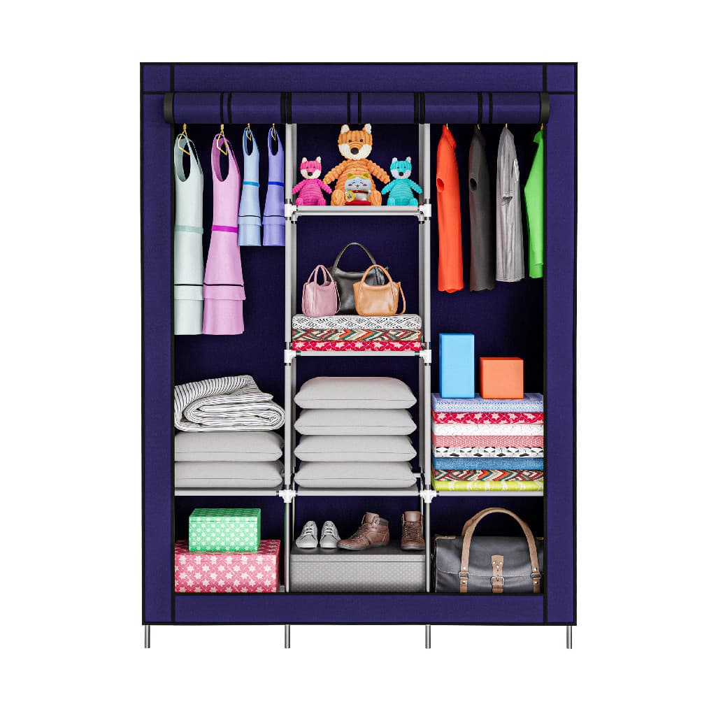 Guarda Roupa Organizador de Tecido 3 Divisões Azul 8 Prateleiras Cabideiro Duplo Zíper Compacto