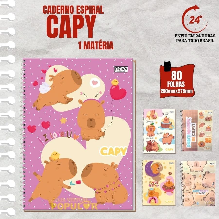 Caderno Universitário Escolar 1 Matéria Capivaras Nova Cadernos 80 Folhas