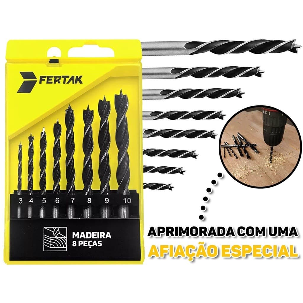 Jogo de Brocas Para Madeira Kit Broca Furar Profissional Furadeira 8 Peças 3 4 5 6 7 8 9 10 mm