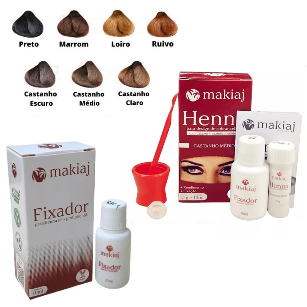 Kit Sobrancelha Henna Makiaj Completo Gel Fixador 7 Cores 1Fixador+1 Henna