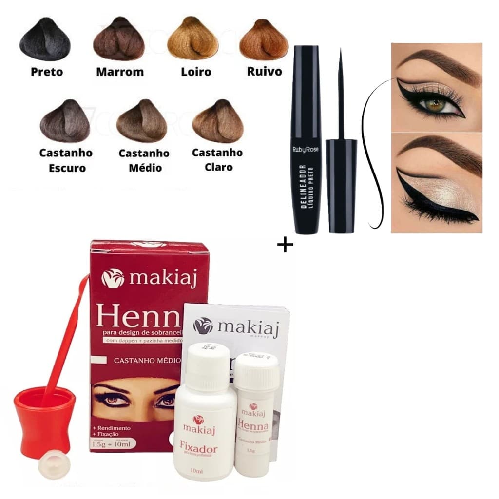 Kit Sobrancelha Henna Makiaj Completo Gel Fixador 7 Cores 1 Henna+1 Delineador