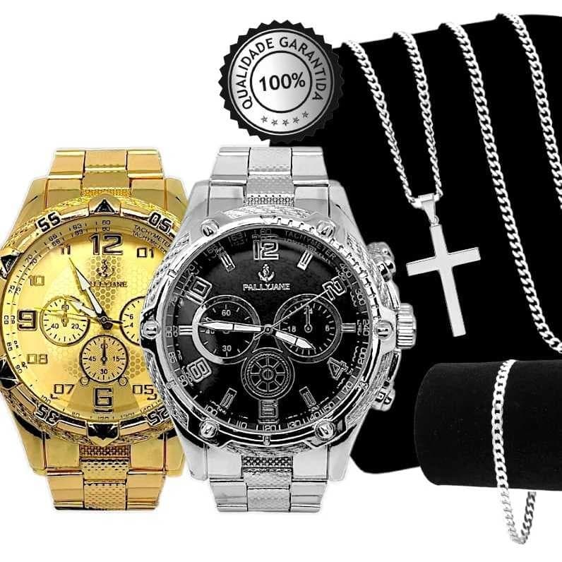 Relógio Aço Masculino Lançamento + Kit Corrente Relogio Masculino Dourado ou Prateado Grande Origina
