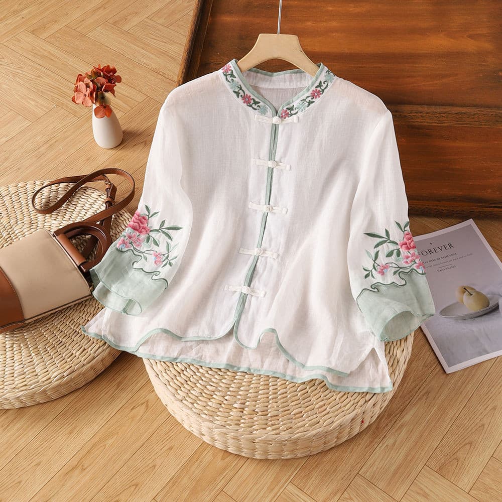 Blusa Feminina Plus size Hanfu Top Estilo Chinês Retrô Bloco De Cores Camisa Bordada Verão Étnica Solta Manga Três Quart