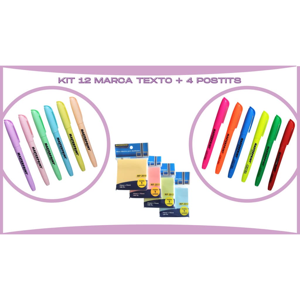 Kit 12 Marca-texto (6 Neons + 6 Pastéis) + (4 Blocos Notas Adesivo) Estudo Escolar Escritório Universitário Masterprint