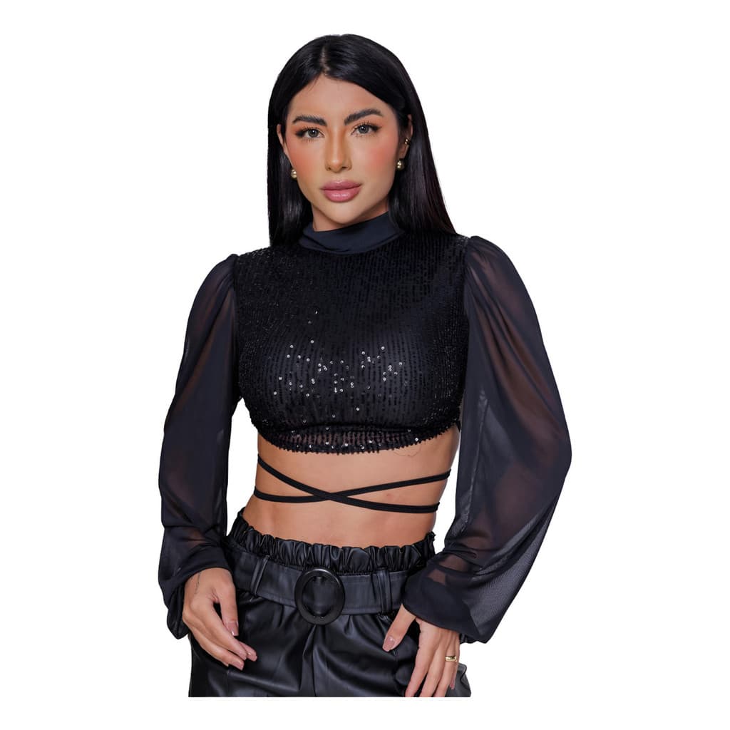 Cropped Feminino Manga Longa Bufante Tule Gola Alta Paetê