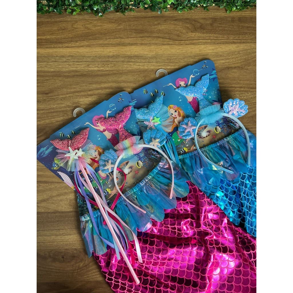 Kit Fantasia Sereia Infantil  Tiara Varinha Saia Calda