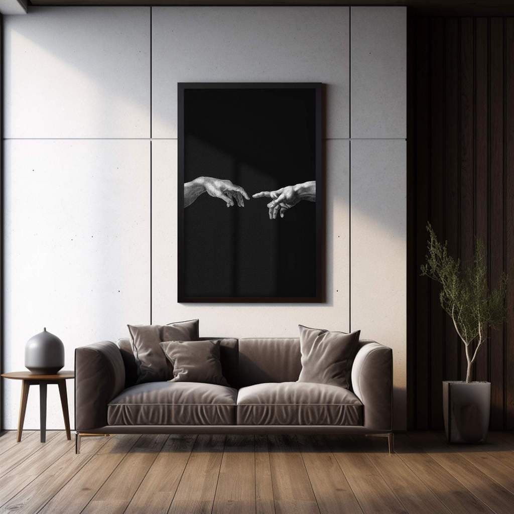 Quadro Decorativo 110x80cm  Criação de Adão de Michelangelo Clássico Renascentista em Preto e Branco Hall Casa