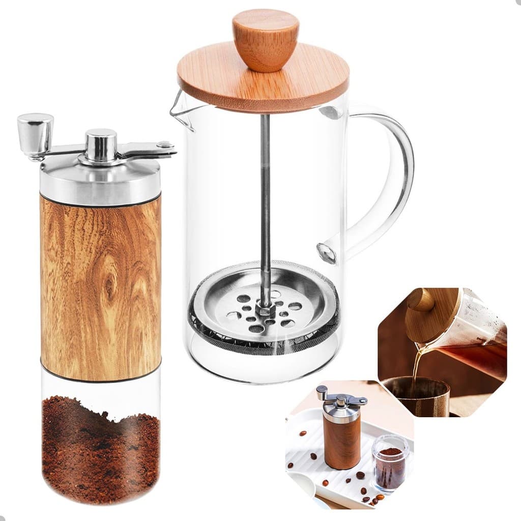 KIT CAFETEIRA PRENSA FRANCESA 350ML TAMPA BAMBÚ+ MOEDOR CAFÉ AÇO INOX MADEIRA