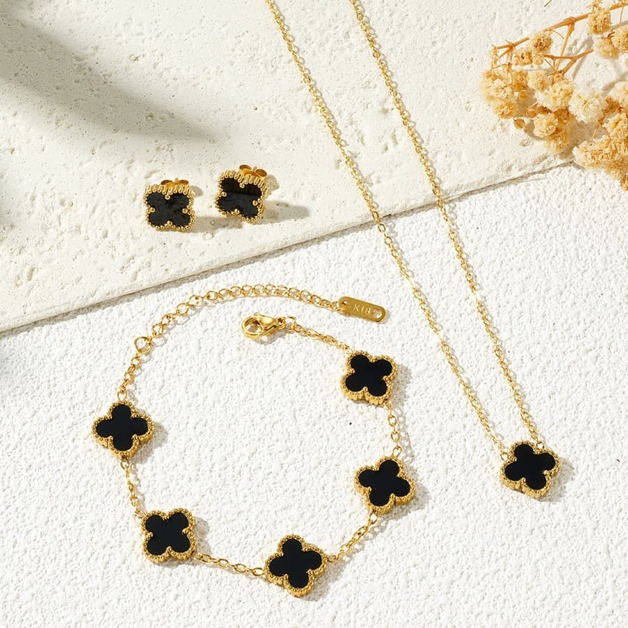 Conjunto de trevo de ouro colar pulseira brincos