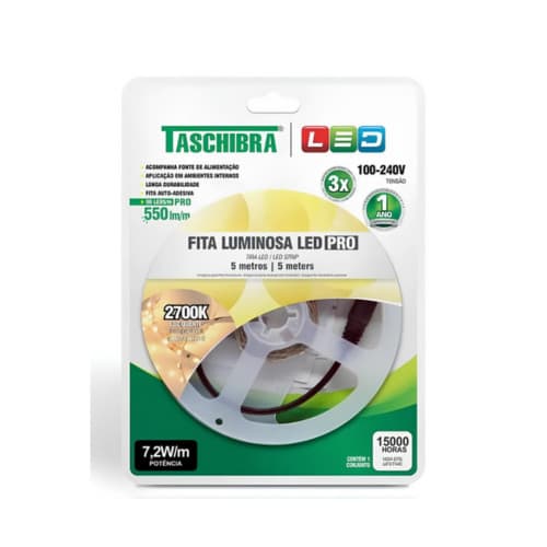 FITA LED TASCHIBRA 7,2W BIVOLT 2700K LUZ QUENTE COM 5 METROS