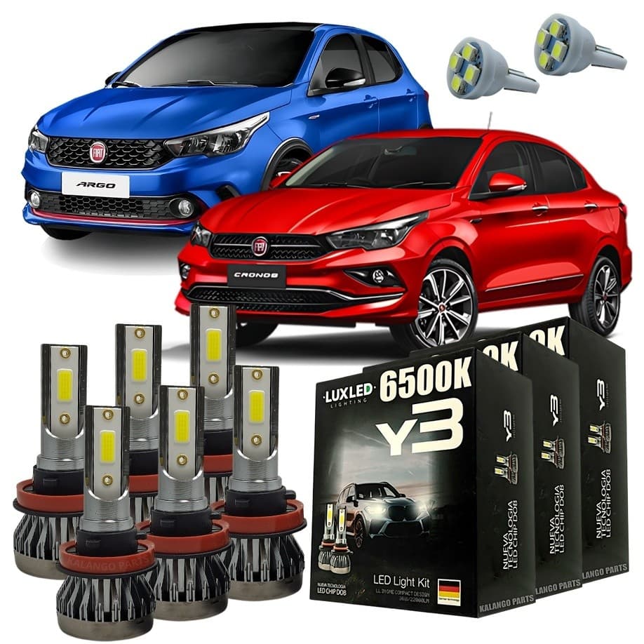 Kit Lâmpadas Super Led Y3 Fiat Argo E Cronos Farol Alto Baixo Milha + Pingo T10 - Lâmpadas de Led
