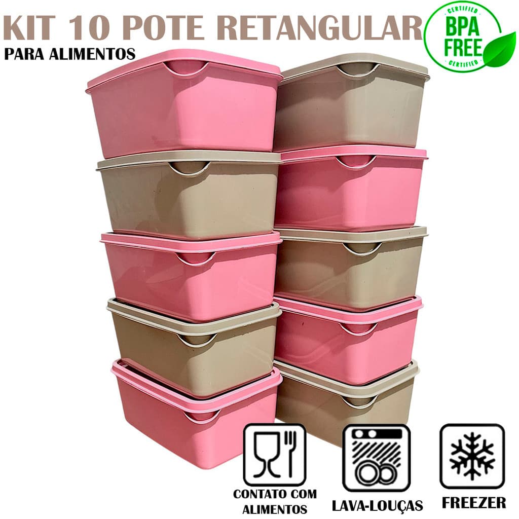 kit c/10 Potes de Plástico Retangulares para alimentos