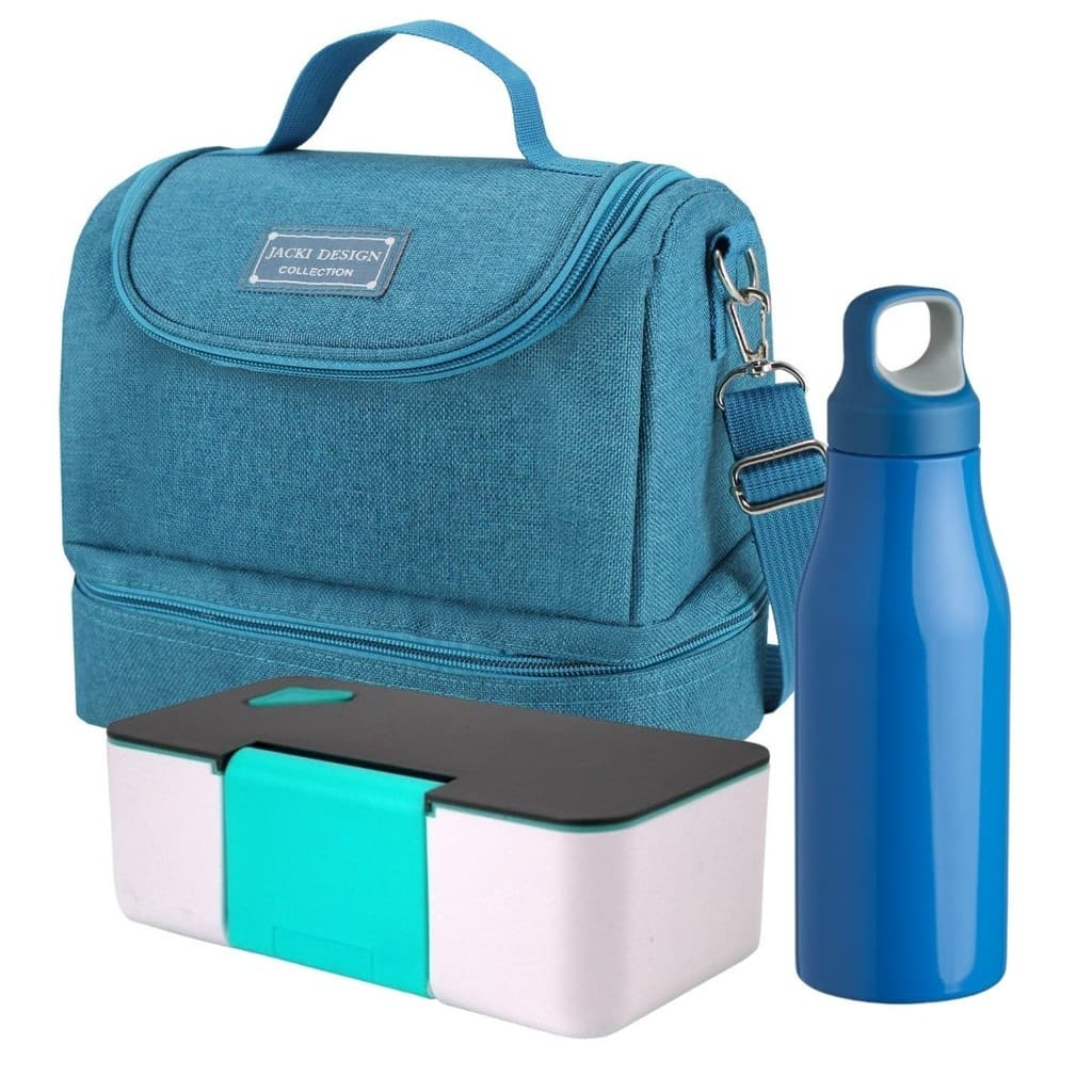 Bolsa Térmica Azul Com Marmita Porta Celular e Garrafa de Inox