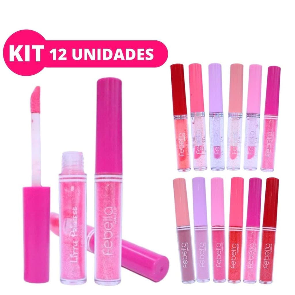 Kit 12 Lip Gloss Brilho Labial com Glitter Princess Rosado Super Natural Lembrancinha