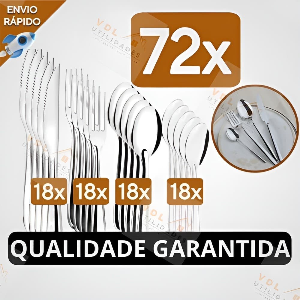 Jogo de Talheres 72 peças Aço Inox 18 Facas 18 Garfos de Mesa 18 Colheres e 18 Colheres de Sobremesa