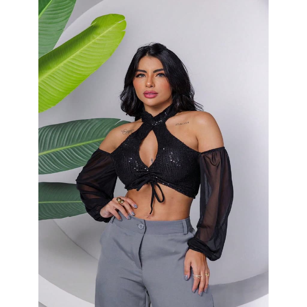 Cropped Feminino Gola Semi Alta Mangas Em Tule Paetê Luxo