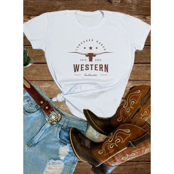 Camiseta Feminina Country Algodão T Shirt Básica Estampa Rodeio Sertaneja Casual Conforto Versátil