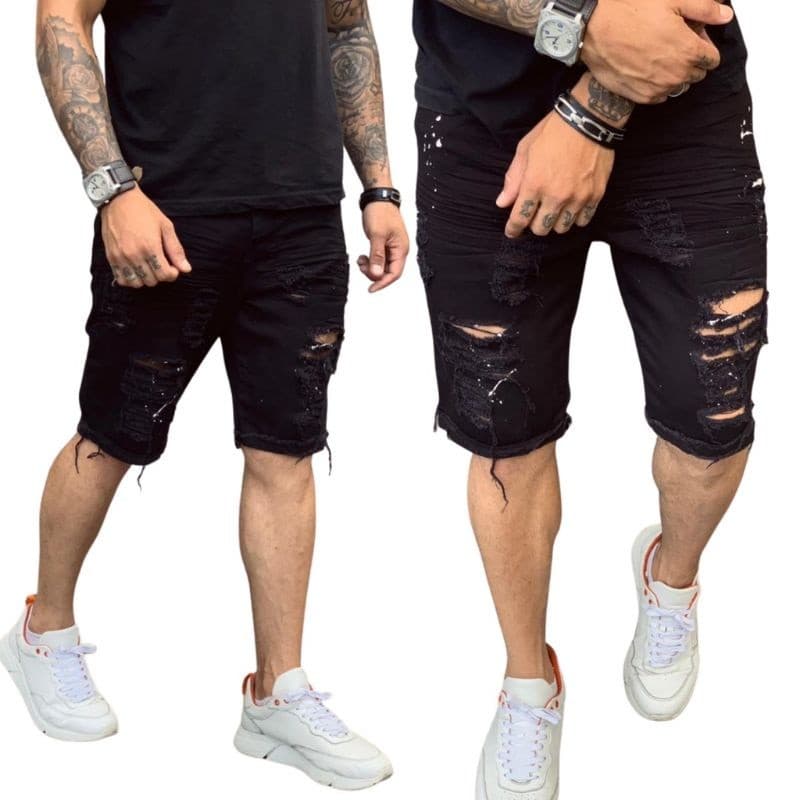 Bermuda Jeans Masculino Preto e Branco Rasgada c/ lycra Mega Oferta Imperdivel