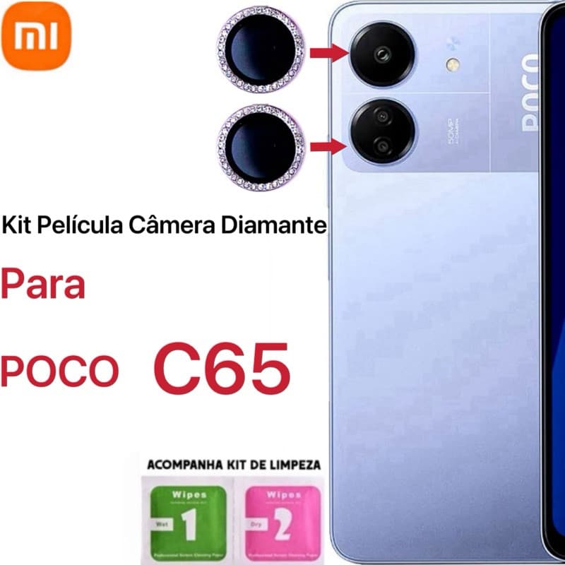 Kit 2peças Película Câmera Diamante Para POCO C65  protetor Traseira Vidro Colorido
