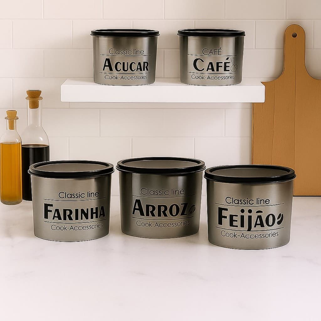 KIT POTES PORTA MANTIMENTOS 5PCS PLASTICO MULTIUSO CLASSIC LINE 2L DECORADO REDONDO