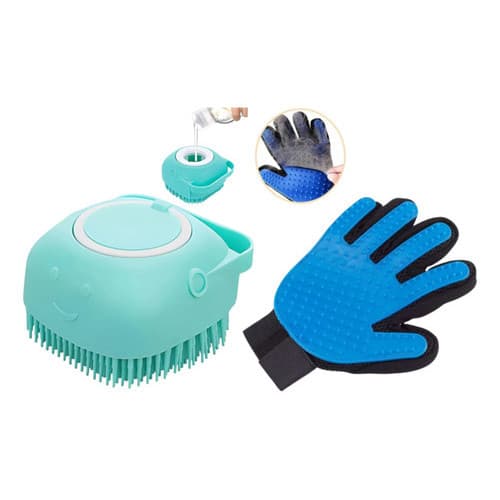 Escova para Banho Pet cão gato em Silicone com Dispenser para Shampoo + Luva Eletromagnética Remove Pelos fácil