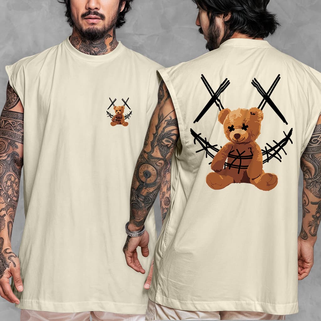 Camiseta Regata Oversized Streetwear Estampada Bear X Smiley Em Algodão