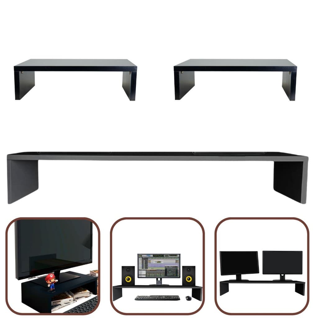 Kit 1 Suporte Monitor 15x90x20cm + 2 Suporte Monitor 10x35x20cm MDF Preto