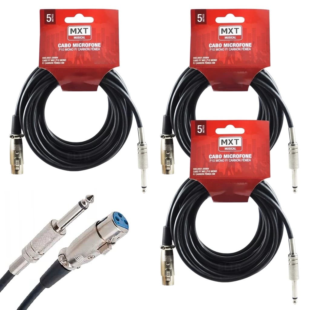 Kit 3 Cabo Microfone Xlr Canon P10 Mono Violão 5m Metros Mesa som Amplificador Profissional Mxt