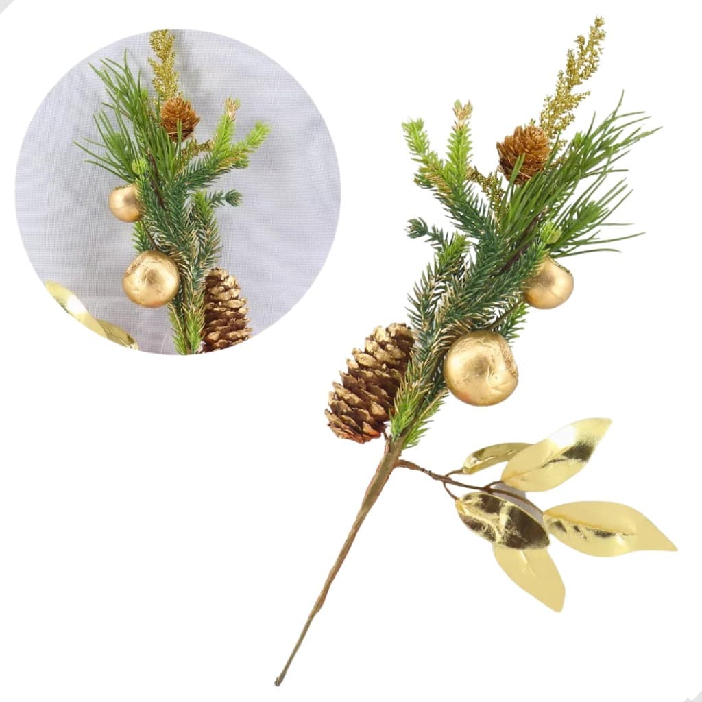 Galho Folhagem Dourada Com Pinha Decoração Enfeite De Natal, festas final de ano, decoração natalina