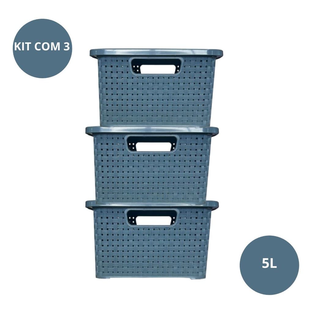 Kit 3 Caixas Organizadoras modelo RATTAN Cesto Tampa Multiuso 5L