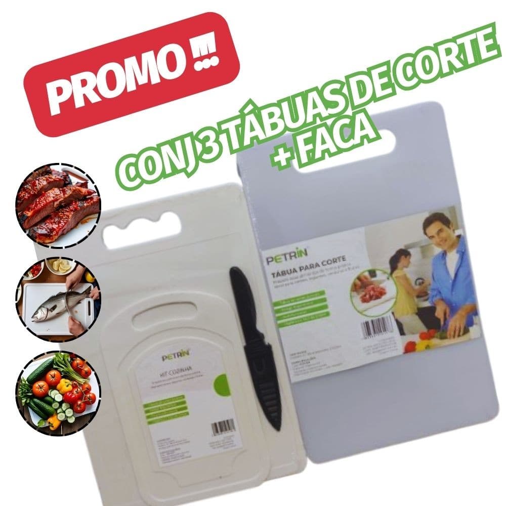 Tábuas Corte KIT 3 + 1 Faca de Cozinha Aço Inox Carne Churrasco