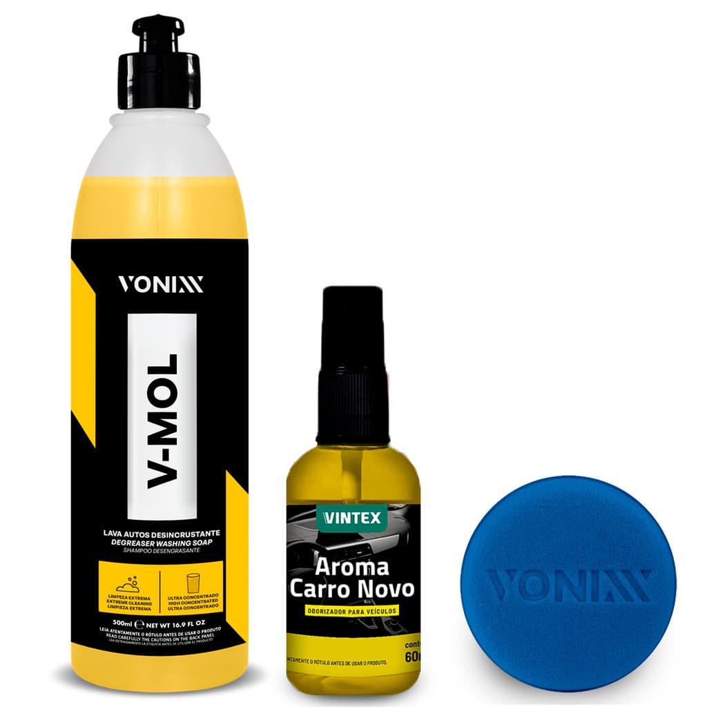 Shampoo Automotivo Vonixx V-Mol 500ml Lava Autos + Arominha Carro Novo Odorizador Automotivo Spray 60ml Aromatizante