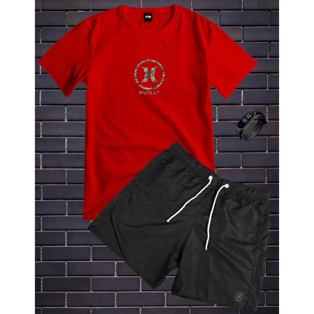 Conjunto Kit Camisa 100% Algodão Fio 30.1 + Bermuda Tactel Estampada HLY + RELOGIO DIGITAL A PROVA D'AGUA DE BRINDE