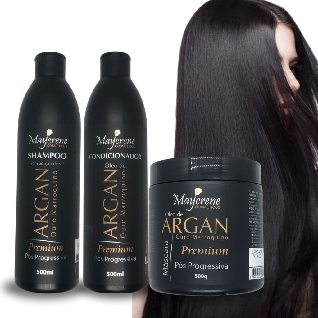 Kit Argan Premium 1 Shampoo + 1 Condicionador + 1 Máscara Maycrene Pós Progressiva Ouro Marroquino