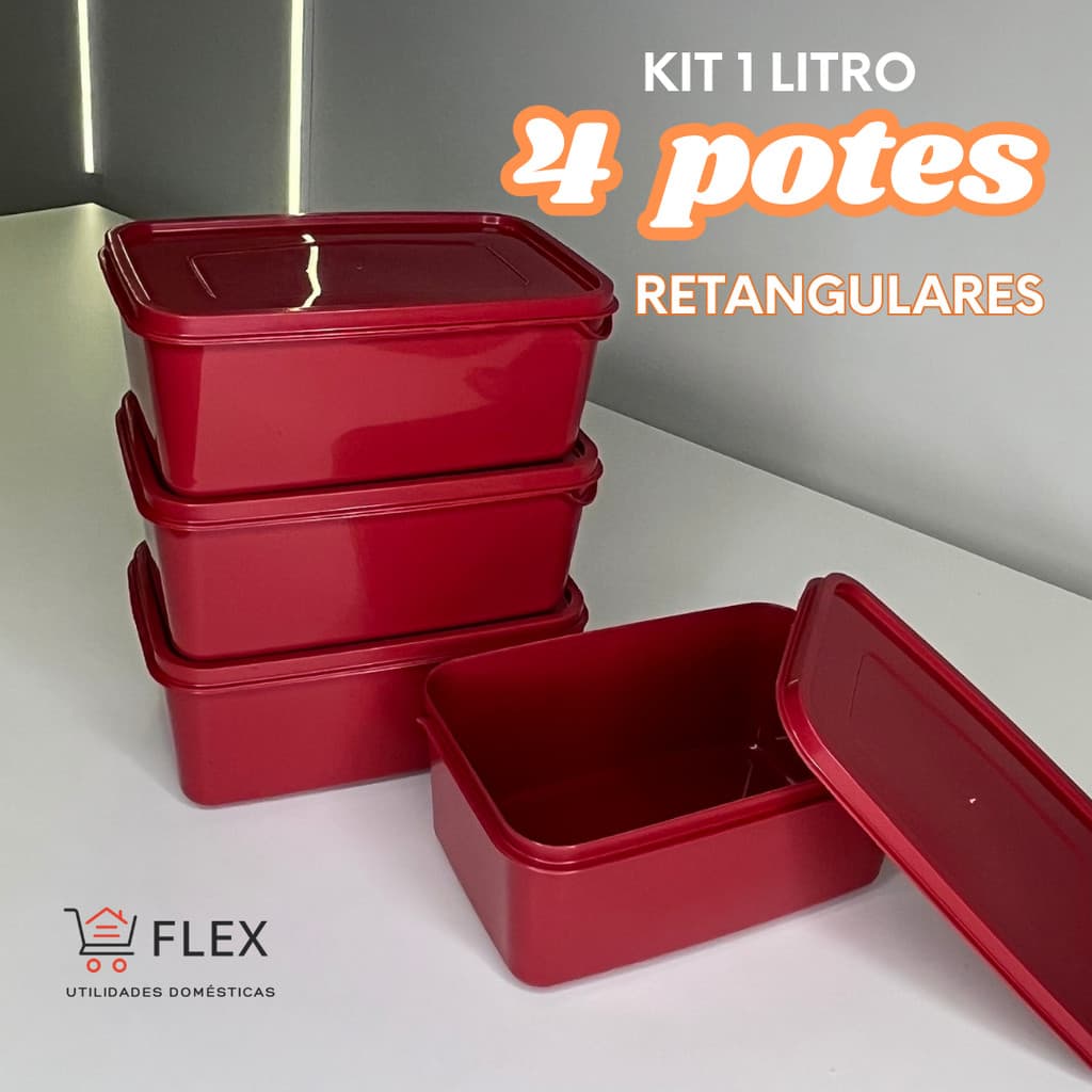 4 Potes Marmita Retangular - Plástico Resistente - Kit ideal para alimentos - 1 Litro