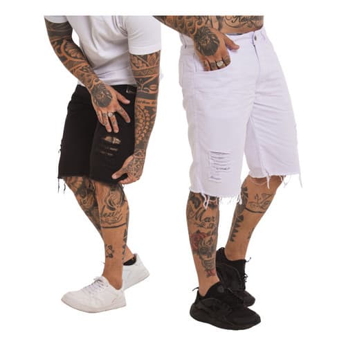 Combo 3 Bermudas Jeans Rasgada Moda Bermuda Masculina Branca Preta